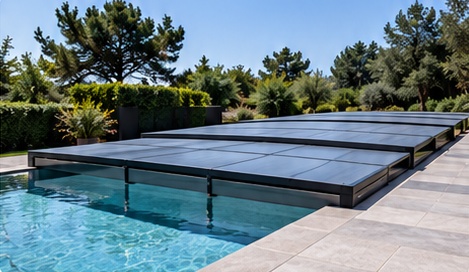 Couverture de piscine contemporaine intégrée à une terrasse paysagée
