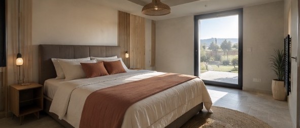 Chambre parentale chaleureuse en fin de chantier