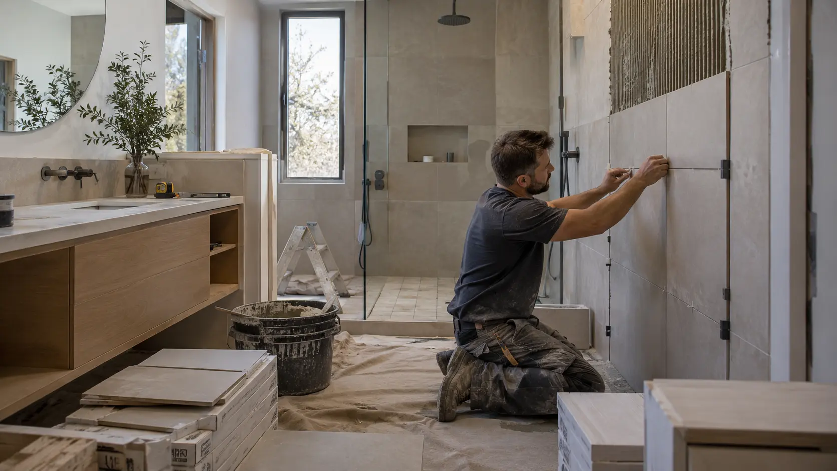 Pose de carrelage pendant la rénovation complète d'une salle de bain