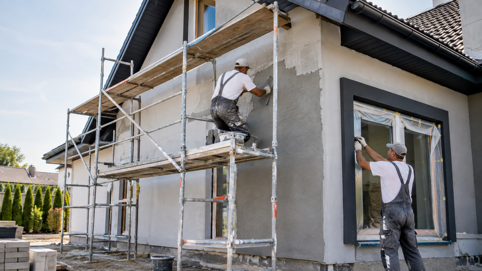 Rénovation de façade avec application d'un nouvel enduit
