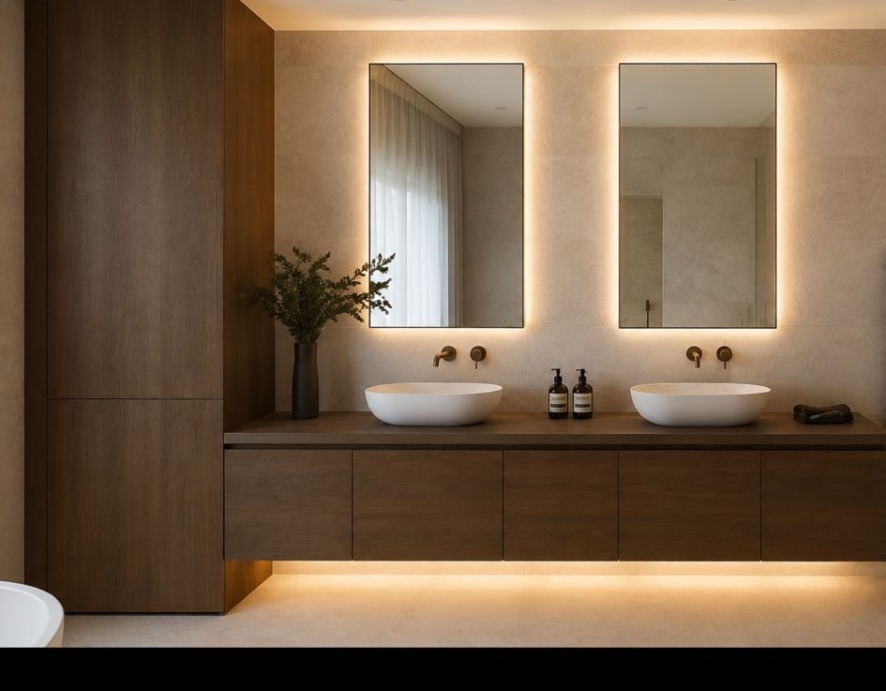 Double vasque blanche sur meuble bois avec miroirs encadrés lumineux