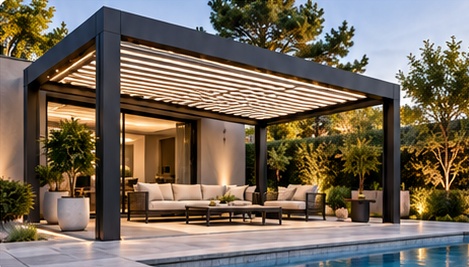 Pergola bioclimatique noire avec lames orientables au bord d’une piscine