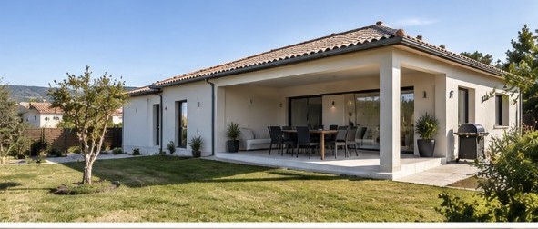 Maison avec terrasse couverte et jardin paysager