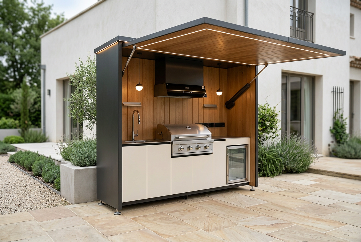 Visualisation réaliste de la cuisine extérieure motorisée sur une terrasse, avec barbecue, évier, réfrigérateur et auvent ouvert